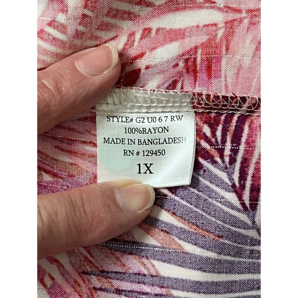 Palm Print Blouse Size 1X by Dear Grace Pink Purple Tropical 3/4 Sleeves VGUC - Picture 4 of 11